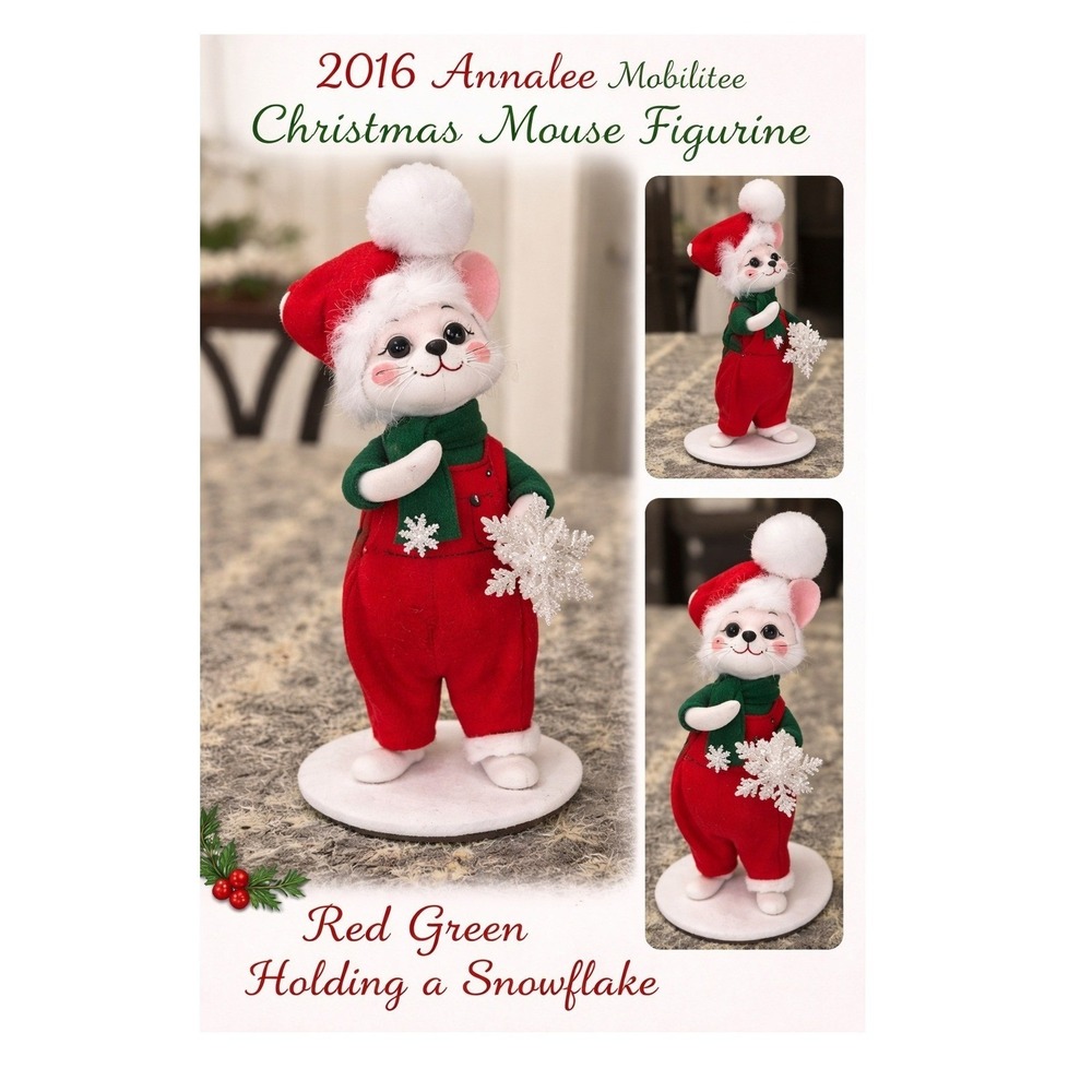 2016 8"‎ Annalee Mobilitee Christmas Mouse Figurine Red Green Holding Snowflake